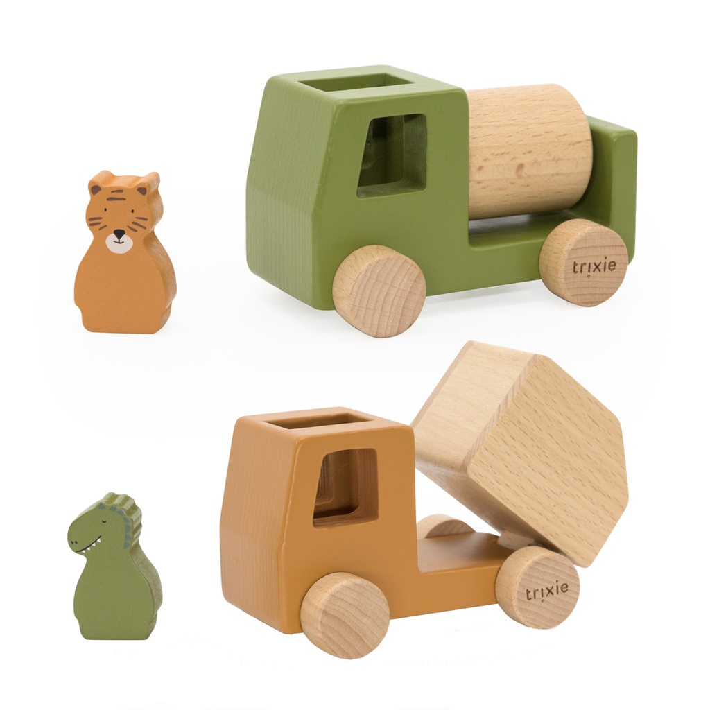 Houten bouwvoertuigen dieren set